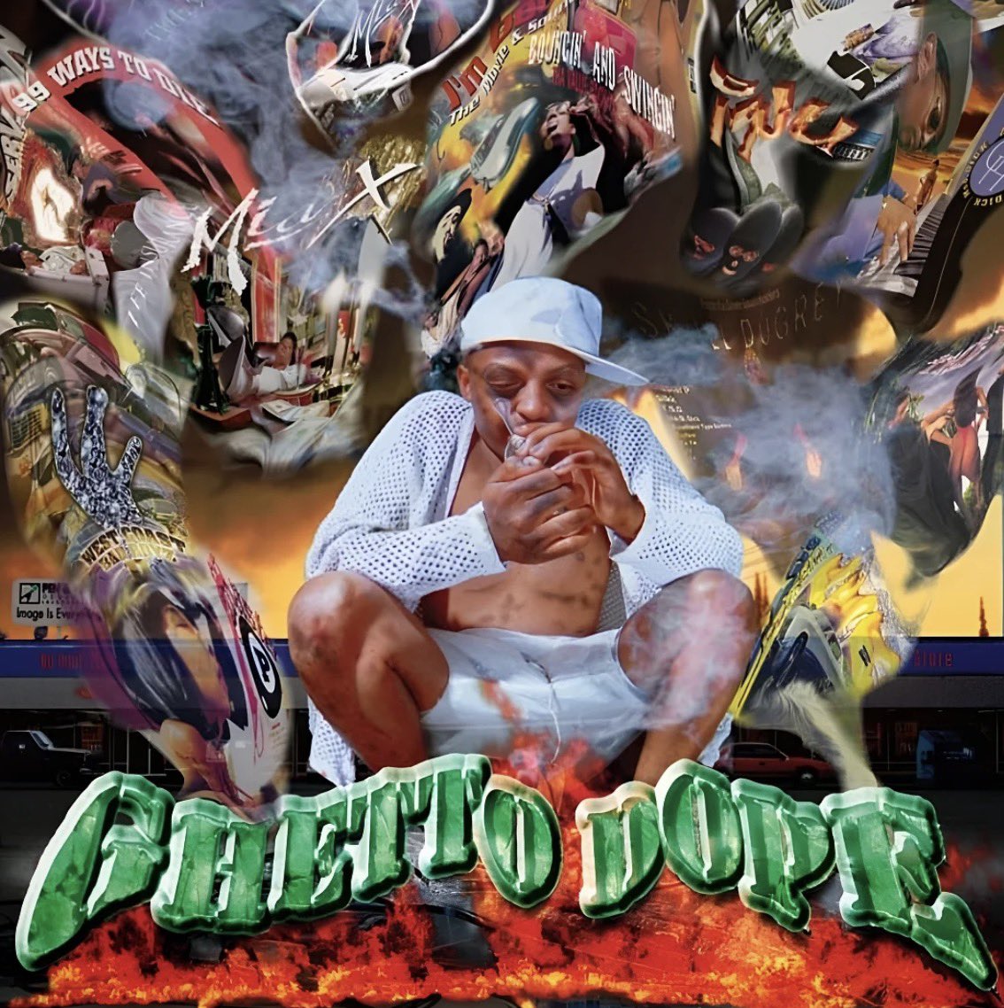 AuxGod_'s tweet photo. The album was originally titled Ghetto Dope. The planned cover art showed a man smoking from a glass crack pipe with other No Limit CD covers hidden in the smoke.

The original artwork was pulled from shelves. Due to the explicit reference, the title was shortened to ‘Ghetto D’ before release