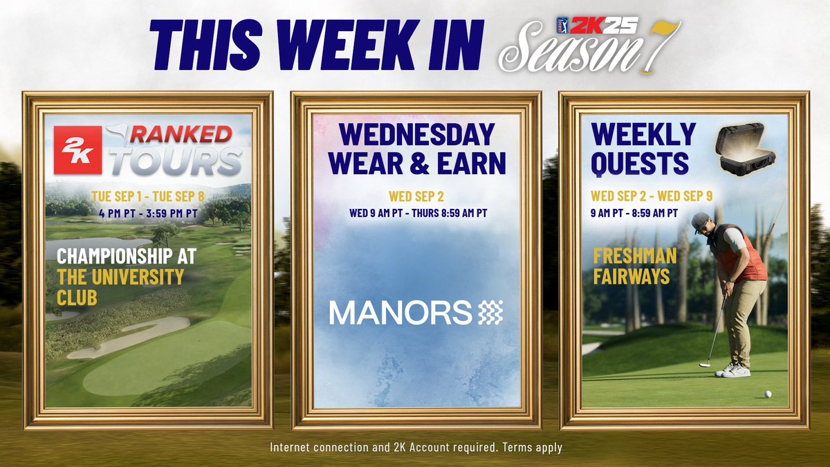 PGATOUR2K's tweet photo. Swing into This Week in #PGATOUR2K25 with Ranked Tours, Wear &amp; Earn, and Weekly quests ⛳

Read More: https://t.co/0u2uvYxTkA https://t.co/8xle0R0lbi