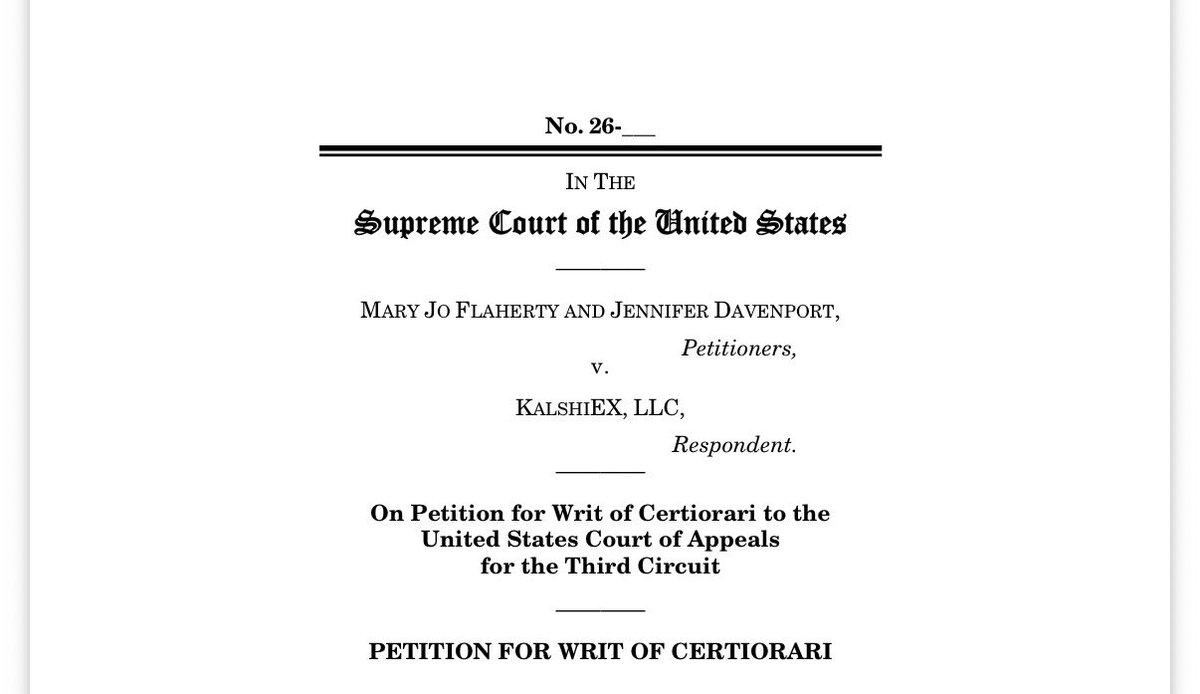 BobbyAllyn's tweet photo. The Supreme Court has received a prediction markets case. 

NJ has asked the court to review a Third Circuit decision which now conflicts with a Ninth Circuit ruling over whether Kalshi’s sports betting should be considered a swap under commodities law or state-regulated gambling. 

This is a massively important battle for the prediction market industry.