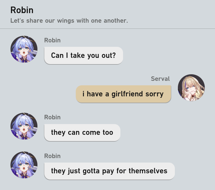 DailyAngelrocks's tweet photo. The girlfriend is me, sorry Robin
#Angelrocks #RobinHSR #ServalHSR #hsr https://t.co/4nBffum3M2