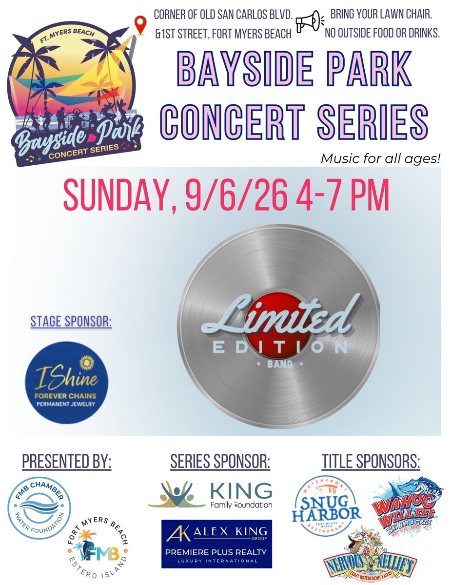 FMB_Chamber's tweet photo. 🎵 Enjoy Labor Day weekend this Sunday with Limited Edition at Bayside Park! Vibrant energy and fun to keep the celebration going!🎸

#fmbchamber #visitfmb #BaysideParkConcert #FortMyersBeach #LiveMusic https://t.co/BthiJ2Lrzs