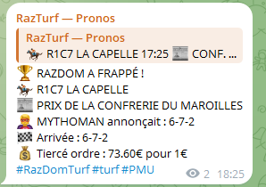 razdom59's tweet photo. 🏇 TIERCÉ DANS L'ORDRE — 73,60 € pour 1 €
R1C7 La Capelle
MYTHOMAN annonçait 6-7-2 · Arrivée 6-7-2
Publié 1H AVANT le départ, horodaté sur le canal RazTurf — Pronos
👉 https://t.co/v61dGeEJNM
#RazDomTurf #turf #PMU #tiercé #pronostic https://t.co/2yixe7m2Ik