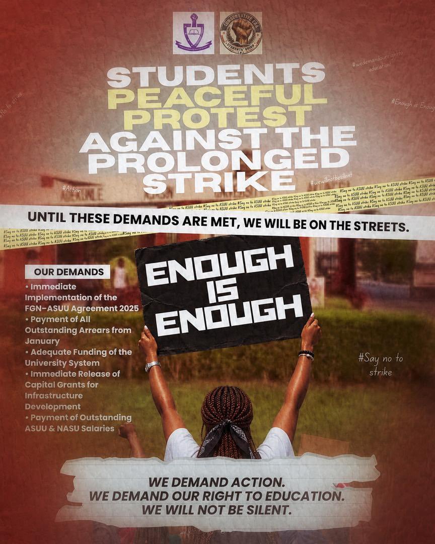 OfficialAAUASU's tweet photo. FOR IMMEDIATE RELEASE

STUDENTS UNION DECLARES PEACEFUL PROTEST OVER PROLONGED INDUSTRIAL STRIKE, DEMANDS IMMEDIATE ACTION FROM GOVERNOR LUCKY ORIMISAN AIYEDATIWA
AKURE, ONDO STATE. https://t.co/UPQQreoDpi