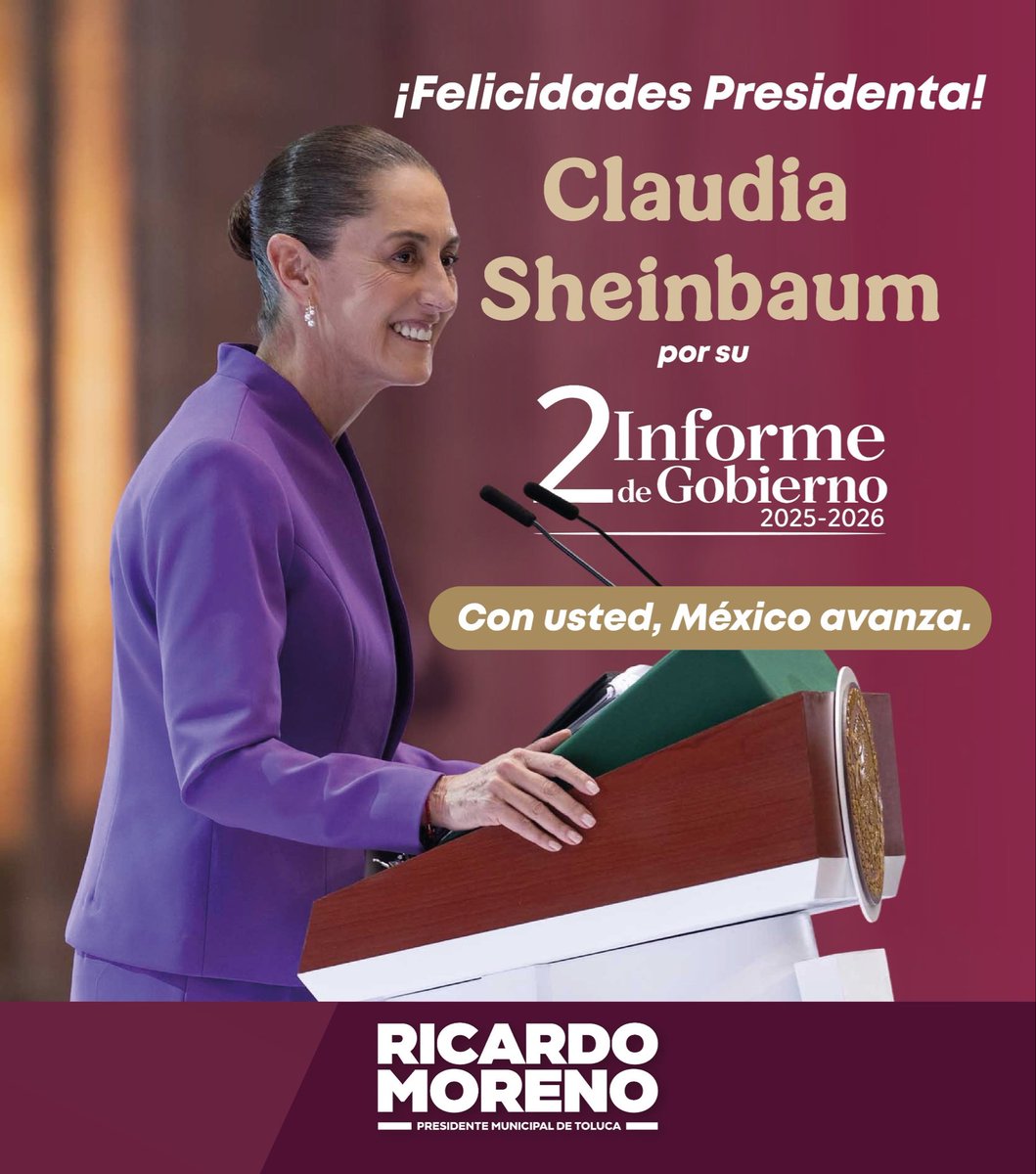 rimoba's tweet photo. Felicidades a la Presidenta @Claudiashein por la presentación de su Segundo Informe de Gobierno.

#México avanza con rumbo, sensibilidad social y resultados, bajo un liderazgo que pone al pueblo en el centro de las decisiones. https://t.co/gTaUFN30GZ