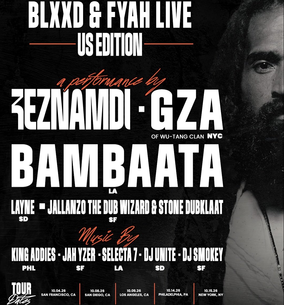 keznamdi's tweet photo. BLXXD &amp; FYAH TOUR FULL LINEUP

Really excited to have some special artists, selectors and friends joining me on the road for this one.

NYC just got even bigger, honored to have Wu-Tang Clan legend GZA headline our Brooklyn Bowl finale.

See you in a couple weeks https://t.co/xno9zk8jaX
