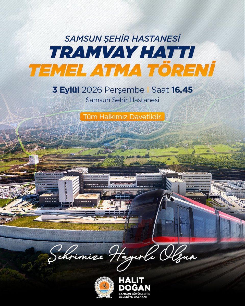 halitdoganbsk's tweet photo. 🏥🚝 Geniş raylı sistem ağı ile daha ulaşılabilir bir Samsun!

📍Samsun Şehir Hastanesi Tramvay Hattı Temel Atma Törenimiz ile şehrimizde önemli bir yatırım hayata geçiriyor.

Yeni tramvay hattı ile Şehir Hastanesine erişimi sağlamanın yanı sıra İlkadım Belediyemize kadar kuzey-güney ekseninde bir ulaşım hattına kavuşmuş olacağız. 

Sayın Cumhurbaşkanımız Recep Tayyip Erdoğan (@RTErdogan)’a, Ulaştırma ve Altyapı Bakanımız Sayın Abdulkadir Uraloğlu (@a_uraloglu)’na, Plan Bütçe Komisyonu Başkanımız, Milletvekilimiz Sayın Mehmet Muş (@mehmedmus)’a, milletvekillerimize ve tüm emeği geçenlere şükranlarımı sunuyorum.

Şehrimize hayırlı olsun.

📍 Samsun Şehir Hastanesi Tramvay Hattı Temel Atma Töreni Şehir Hastanesi
⏰16.45
🗓️3 Eylül Perşembe (yarın)