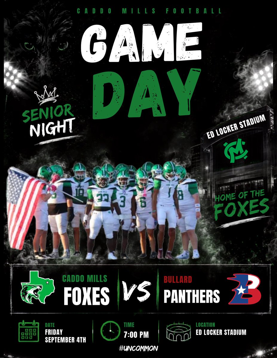 FoxUnleash's tweet photo. Friday Night Lights Week 2. Caddo Mills Foxes vs Bullard Panthers. Let’s Pack Ed Locker Stadium on Senior Night!! #UNCOMMON #unLEASH #DARKSIDE #ATMO #SPECIALFORCES @KodiCrane @luke__allison @CaddoClub https://t.co/4A8HVvSxR0