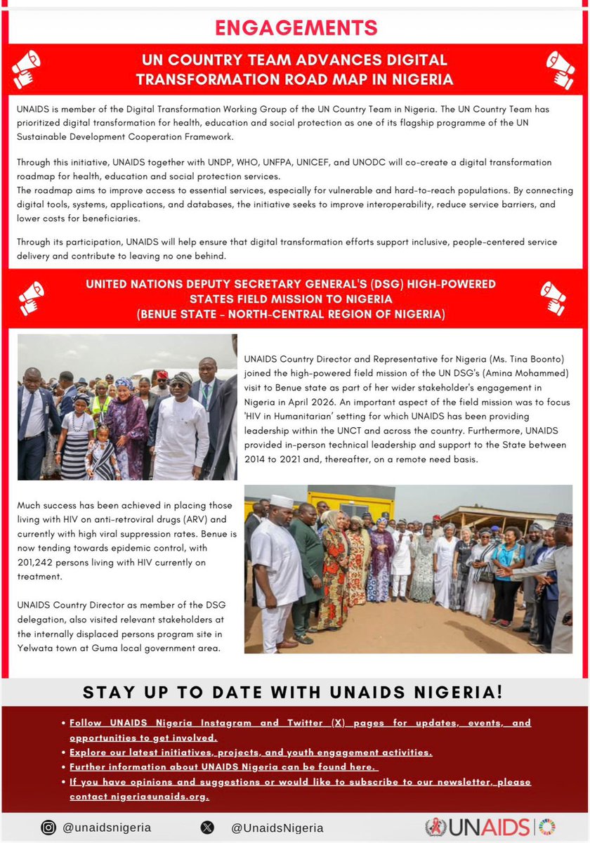 UnaidsNigeria's tweet photo. UNAIDS Nigeria Newsletter - First edition:
Catch the latest updates, insights, and stories from UNAIDS Nigeria in the newest newsletter.
#UNAIDS #HIV #Nigeria #EndAIDS https://t.co/xl7D52jpLg