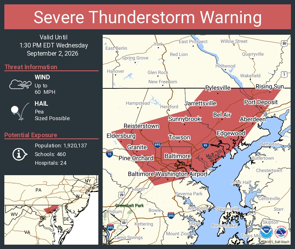 NWS_BaltWash's tweet photo. Severe Thunderstorm Warning including Baltimore MD, Ellicott City MD and  Dundalk MD until 1:30 PM EDT https://t.co/AvQcg6NsyZ