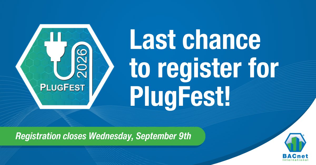 BACnetIntl's tweet photo. 🔌 There's only one more week left to register for our PlugFest Interoperability Workshop! Join us for three days of BACnet product testing, interacting with BACnet experts, and insightful education sessions. Registration closes September 9th: https://t.co/rF0wh5V3gl https://t.co/2rnr8YnPyz