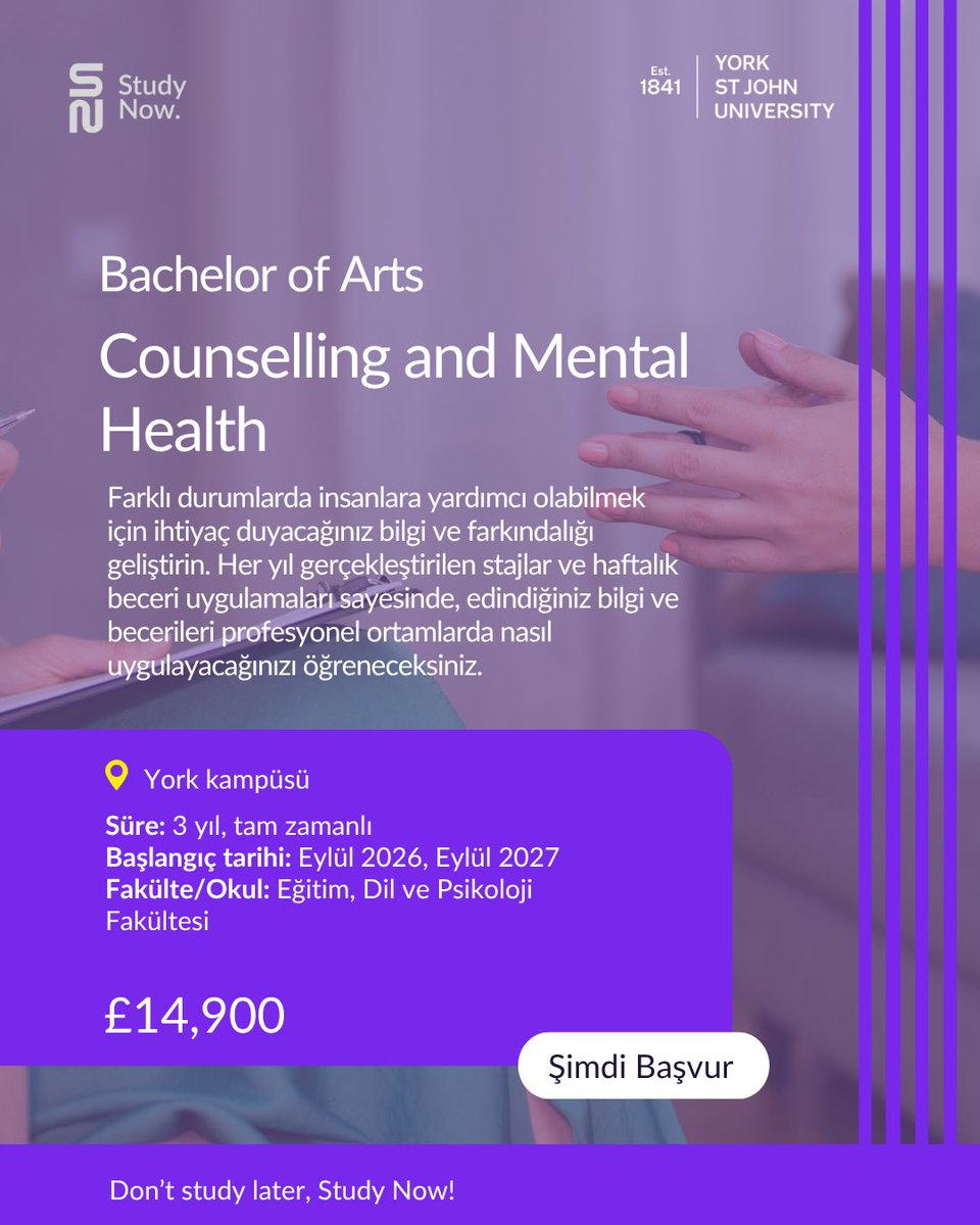 StudyNowTR's tweet photo. 🧠 İnsanların hayatına dokunan bir kariyer!

York St John University’de Counselling and Mental Health BA (Hons) ile teorik bilginizi pratik deneyimle birleştirin. 💙

🎓 3 yıl | Tam zamanlı
📅 Başlangıç: Eylül 2026 / 2027
💬 Haftalık beceri uygulamaları https://t.co/XlLP7hUdRg