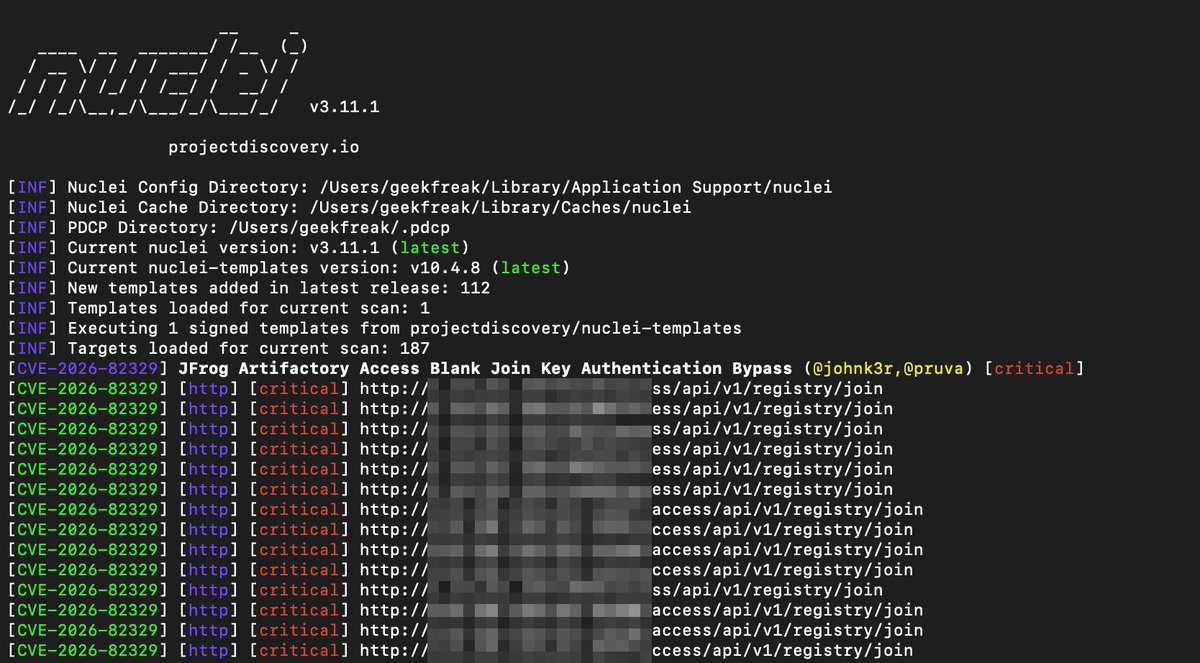 DhiyaneshDK's tweet photo. 🚨 CVE-2026-82329 - JFrog Artifactory Access Blank Join Key Authentication Bypass

Nuclei Template - https://t.co/76k663XqrE

Reference: https://t.co/vEuSxwtpF0

#bugbountytips #hackwithautomation #jfrog https://t.co/mkat57XGSa