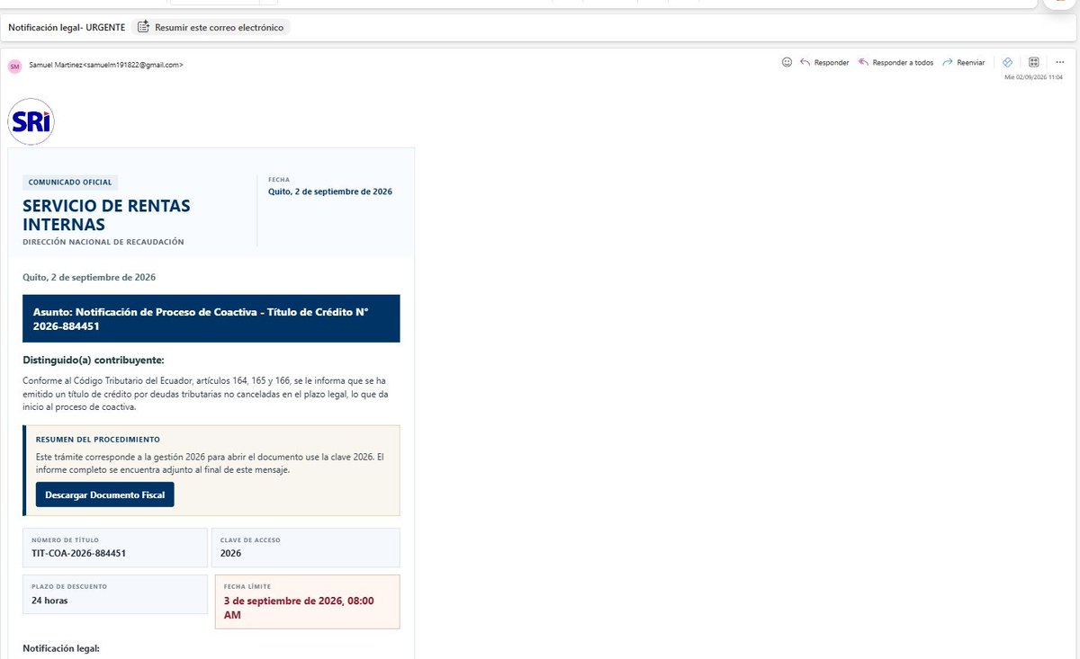 srealpe's tweet photo. Hoy recibí en mi correo corporativo, un supuesto correo del SRI indicando que tengo una coactiva, el correo ya no tiene faltas ortográficas y se nota que fue armado con una IA (claude posiblemente por la estructura), el link te lleva a una descarga de Google Drive con un ZIP el mismo que su elemento está con un archivo .bat.  Con el equipo de ciberseguridad se revisó y el mismo está ofuscado y es un ransomware que todo apunta a que ejecuta varias acciones en Powershell, posiblemente encriptando tu información y/o instalando accesos no autorizados a tu equipo.   Por favor tener cuidado con esos correos que cada vez son más reales, obviamente su error principal fue que el emisor del correo es @gmail.com