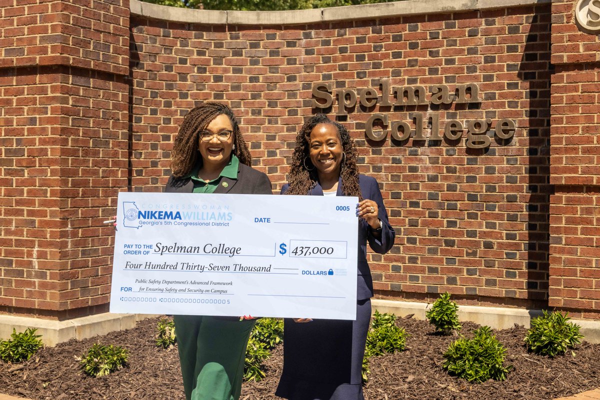 SpelmanPres1881's tweet photo. A secure campus provides the foundation our scholars need to learn, lead and thrive. We are deeply grateful to Congresswoman @RepNikema, along with Senators @SenOssoff and @SenatorWarnock, for securing a transformative $437,000 federal investment in Spelman College’s safety. https://t.co/aavxxJOxwF