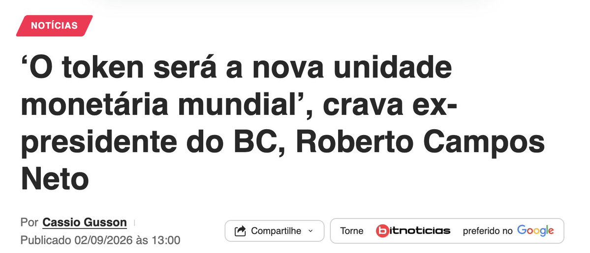 opapoeconomico's tweet photo. Roberto Campos Neto cravou no Zetta Summit: "o token será a nova unidade monetária mundial".

Só que ele não tava falando de cripto.

O ex-presidente do BC (hoje no Nubank) fez uma conexão que pouca gente está fazendo. Quando IA, tokenização, Open Finance e pagamentos convergirem de verdade, vai ser preciso ter uma moeda programável pra conectar tudo isso. E a unidade básica pode ser o token no sentido literal: a menor fatia de linguagem que um modelo de IA processa.

Ele mesmo admitiu: "achava que em 2023 ou 2024 a gente ia estar com um bom pedaço da economia tokenizada, e isso não ocorreu". O que destravou? Regulação americana.

Vindo do cara que criou o Pix e deu os primeiros passos do Drex, a leitura merece atenção.

fonte: BitNotícias