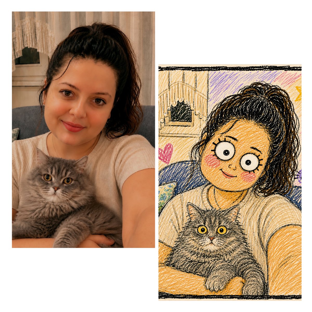 ngokceozsoy's tweet photo. Akıma uyduk.. 😄❤️🎇

Prompt: Bu fotoğrafımı bir doodle tarzı karaktere dönüştürün, kasıtlı olarak çirkin ve komik görünüyor, bir çocuk pastel kalemi çizimi gibi. Pastel kalemi veya kalem gibi kaba siyah bir çerçeve kullanın, dağınık çizgilerle boyanmış. https://t.co/Vh82sl4eQG