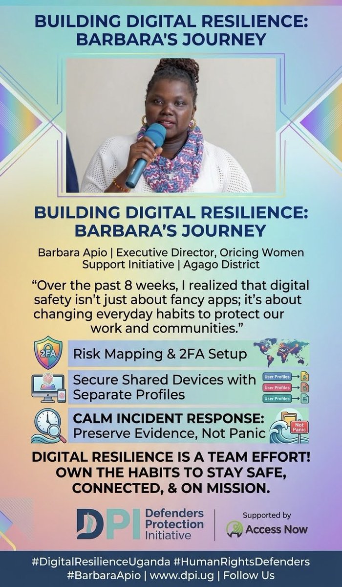 oribcing's tweet photo. Digital safety and security.
Digital safety isn't about downloading fancy apps it’s about changing daily habits to protect our work and communities!
@defprotection  @accessnow 
#DigitalResilience #Agago #WomenDefenders #Uganda https://t.co/9uRK5cSLaD