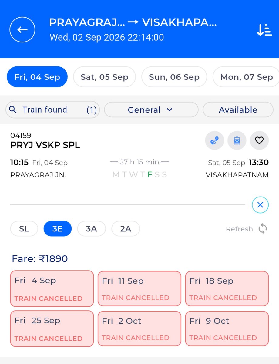VisakhapatnamJn's tweet photo. @drmprayagrajnc The only direct train connecting Prayagraj &amp; Visakhapatnam has been cancelled.

We request NCR to kindly consider restoring this service, as it is highly useful for passengers, devotees &amp; students travelling between the two cities.

Pl restore it at the earliest🚆 https://t.co/ypha32cnFY