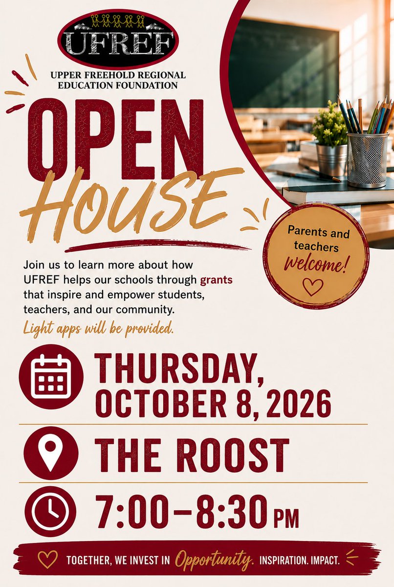 UFREF's tweet photo. Come to our Open House Event at The Roost to learn more about what the Upper Freehold Regional Education Foundation does for our students and teachers!
https://t.co/H25LdCKbdC https://t.co/HEOEZbFAiY