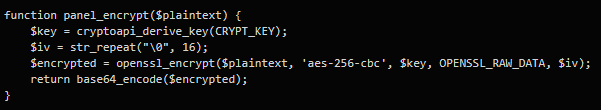 _AkatsukiLegion's tweet photo. @Huntio The #C2 #encryption relies on a default placeholder key and a static zero IV. Here is the encryption function from config.php: https://t.co/UnNuAjXdwl