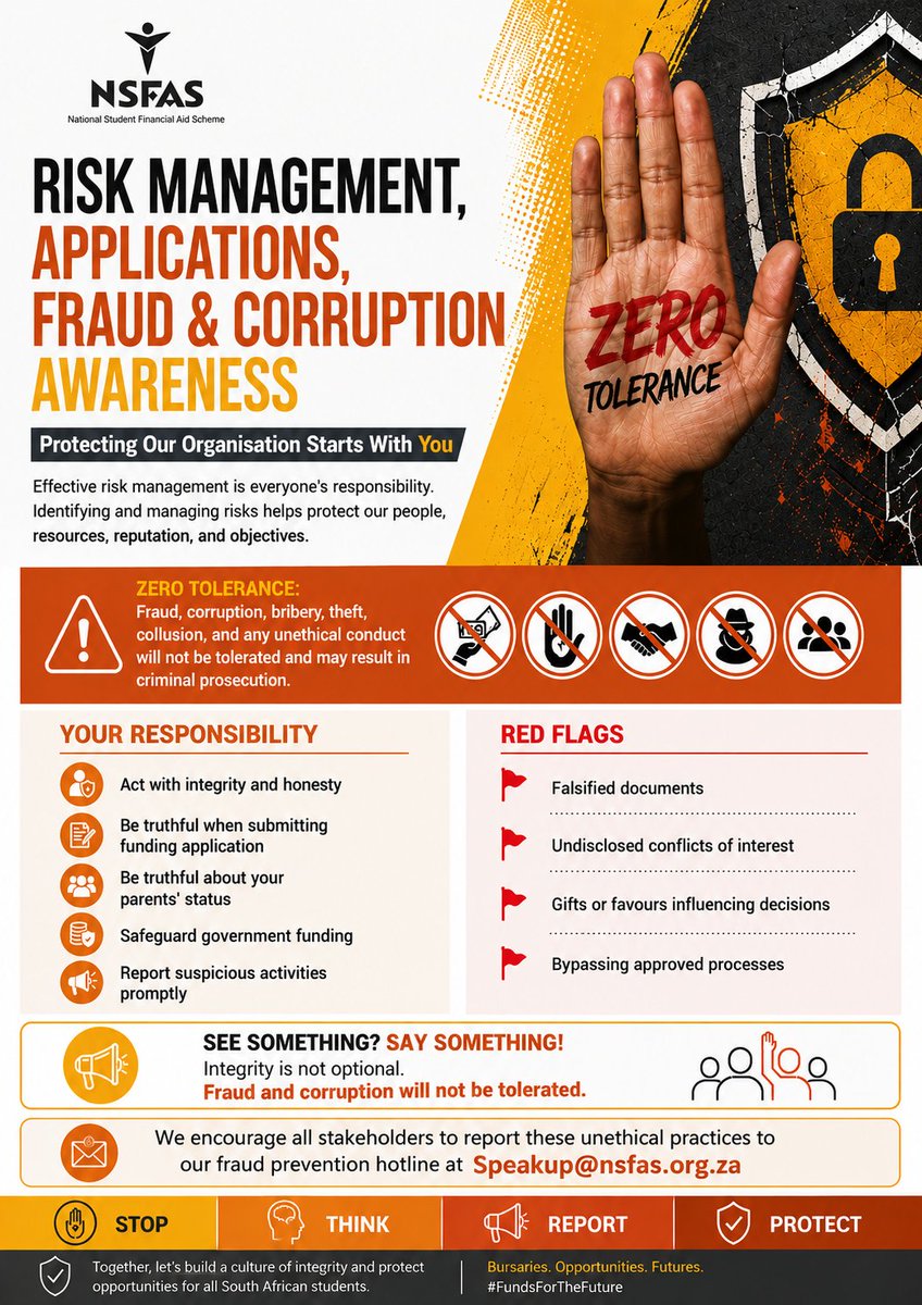 myNSFAS's tweet photo. 🚨 ZERO TOLERANCE FOR FRAUD &amp; CORRUPTION!

Protecting NSFAS starts with YOU. 🛑 Stop. Think. Report. Protect.

See something suspicious? Say something.
📩 Speakup@nsfas.org.za

#NSFAS #ZeroTolerance #FraudPrevention #Integrity #FundsForTheFuture https://t.co/bhJunqakrX