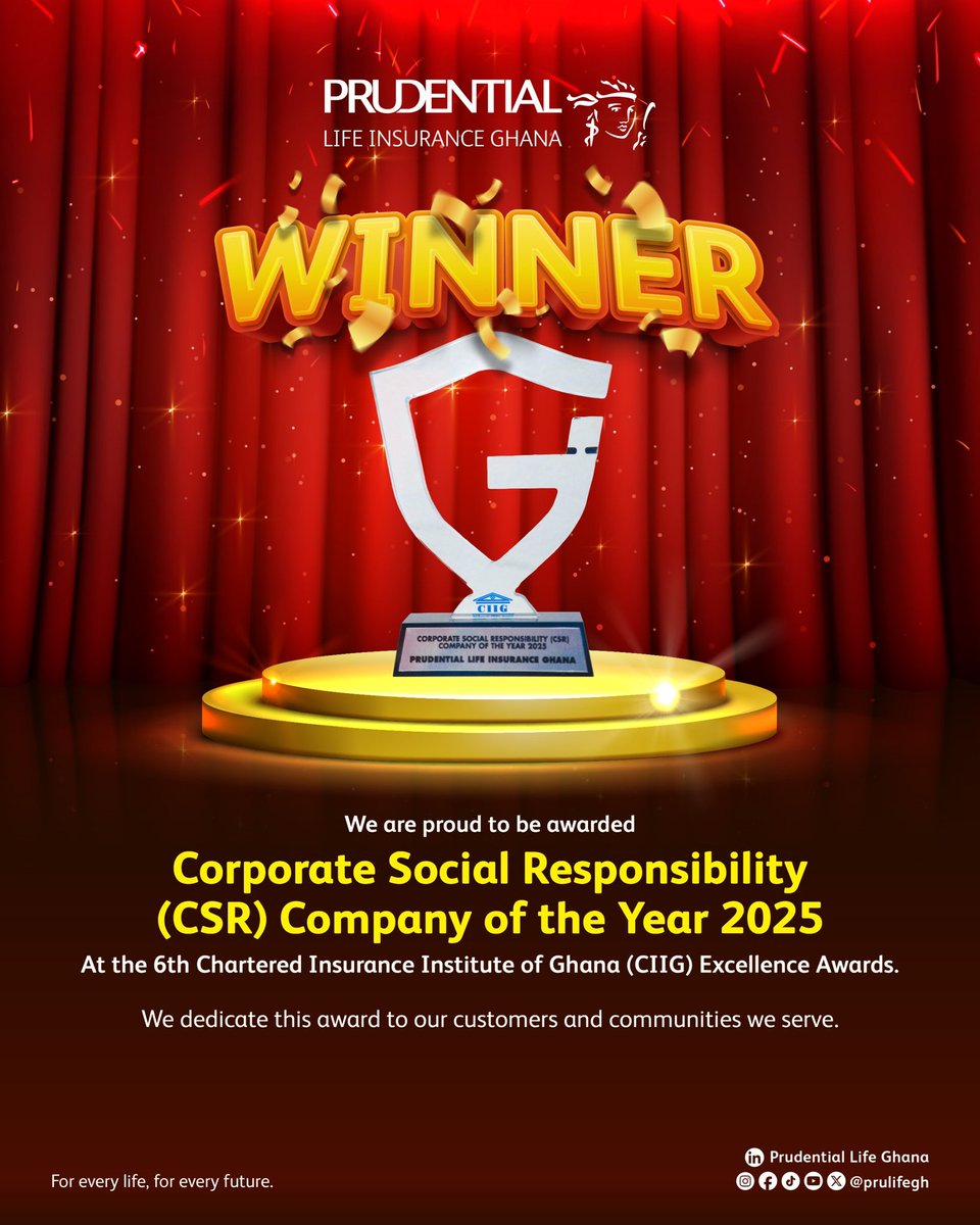 dannitrek's tweet photo. Prudential Life Insurance Ghana was awarded Corporate Social Responsibility (CSR) Company of the Year 2025 at the 6th Chartered Insurance Institute of Ghana (CIIG) Excellence Awards. https://t.co/zJQ6GPtlEQ