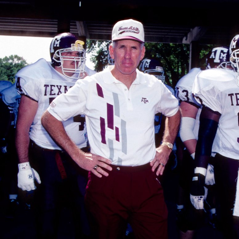 rcb05's tweet photo. With Texas A&amp;M announcing a bevel-less midfield logo and unveiling an RC Slocum statue this weekend, I'm gonna need Mike Elko to come out of the tunnel rocking this iconic RC fit to fully complete the '90s vibe. https://t.co/y521i7u601