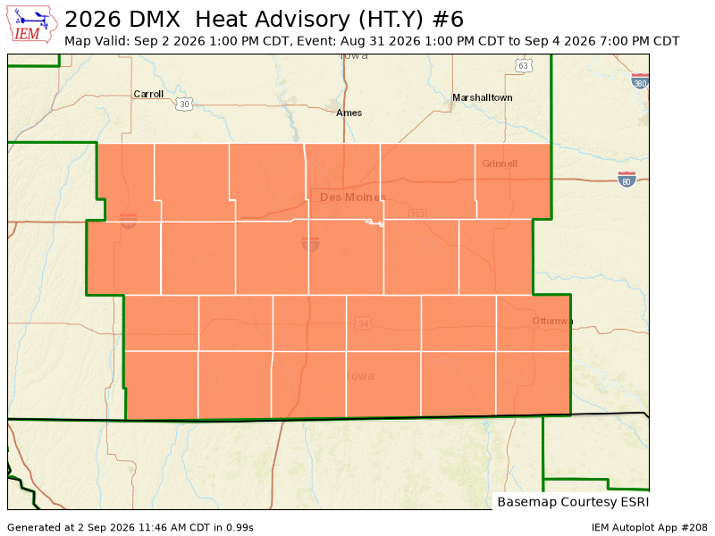 chaserbrandonWX's tweet photo. DMX extends time of Heat Advisory (Adair, Adams, Appanoose, Audubon, Cass, Clarke, Dallas, Davis, Decatur, Guthrie, Jasper, Lucas, Madison, Mahaska, Marion, Monroe, Polk, Poweshiek, Ringgold, Taylor, Union, Wapello, Warren, Wayne [IA]) https://t.co/V5L6zD4FIa https://t.co/M3KgHXn3dg