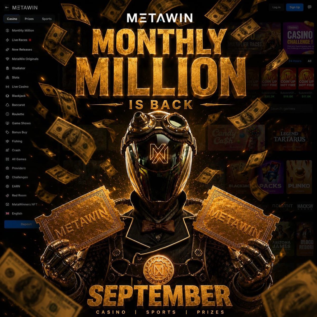 MetaWin's tweet photo. The MetaWin Monthly Million is BACK!

Another $1M will go out to MetaWin players in September.

$450,000 in daily races

$250,000 in our monthly free-to-enter comp

$120,000 in multiplier races

$100,000 in discretionary bonus drops

$60,000 in daily drops

$20,000 in our weekly sports rush

Wager on https://t.co/OWiyBfZjvm to qualify, good luck!