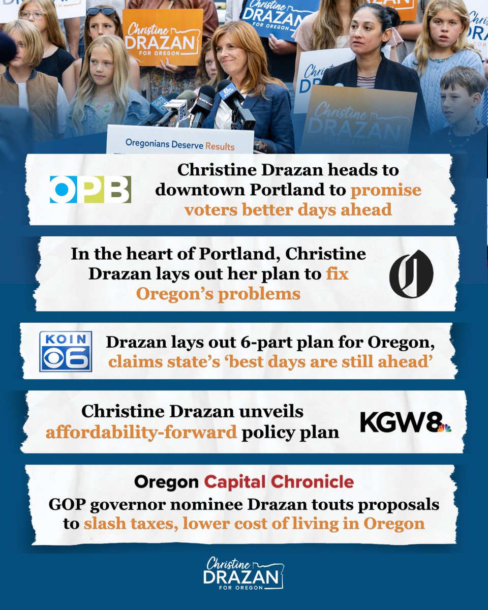 ChristineDrazan's tweet photo. Since launching The Drazan Plan, I've been humbled by the response from Oregonians who share my belief that this state is capable of so much more.

We can lead again. We can build again. We can make this the best place in America to raise a family and pursue your dreams.

Our best days are still ahead.

https://t.co/sotXxHtfyp