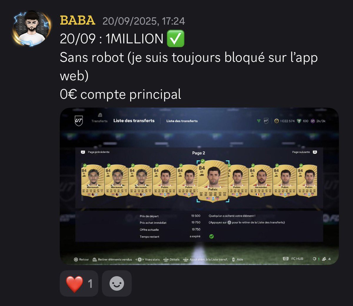 babaFut_'s tweet photo. 🚨 SUR FC26 ➡️ 1 MILLION DE CRÉDITS EN SEULEMENT 2 JOURS ✅

J’ai réussi à atteindre 1 MILLION de crédits 
❌ sans robot
❌ sans App Compagnon
❌ sans aucune automatisation 
✅ Uniquement depuis la console.

je vous expliquerai étape par étape comment j’ai fait, les techniques que j’ai utilisées et comment j’ai réussi à atteindre le million aussi rapidement 🔥 

N’hésitez pas à me suivre pour ne rien manquer 🫶