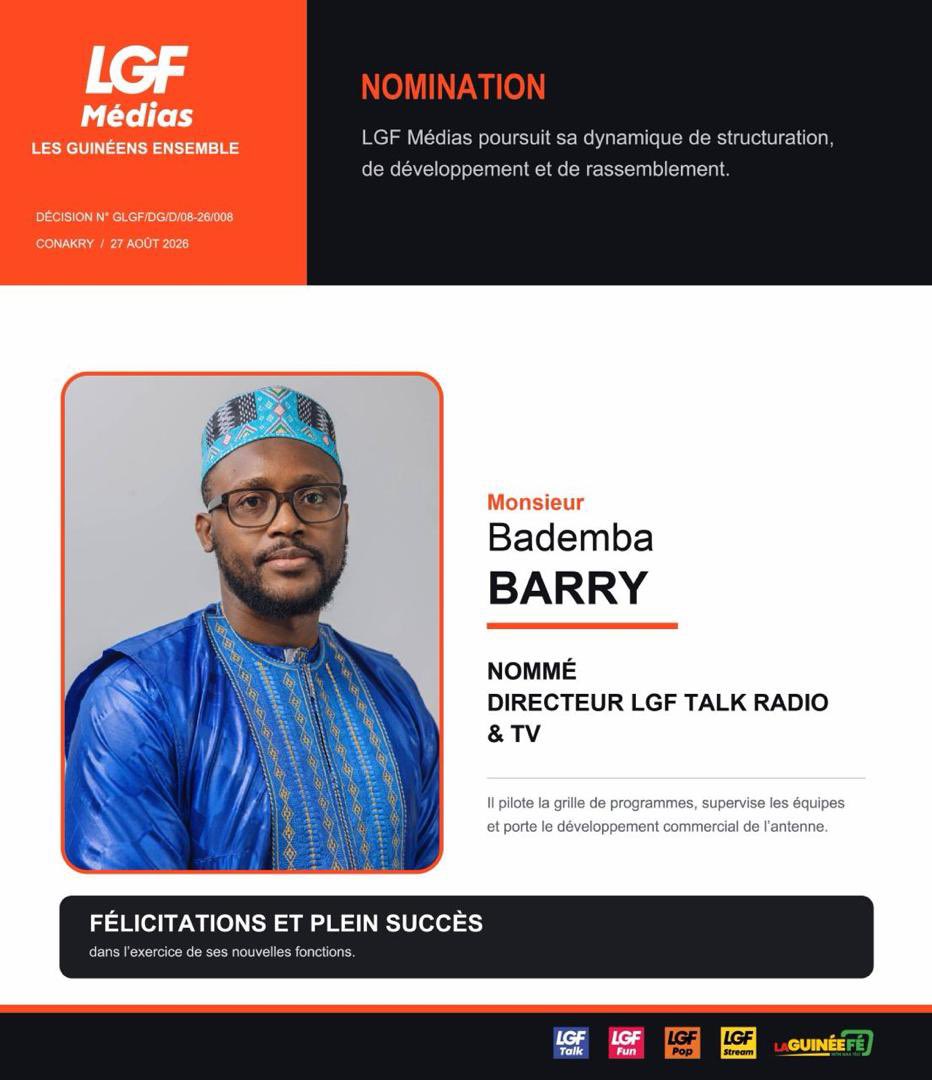 abbadembabarry's tweet photo. C’est avec beaucoup de joie et d’humilité que je vous annonce ma nomination au poste de Directeur LGF Talk Radio &amp; TV (Ex Espace TV/Radio).

Merci à tous pour la confiance. La suite s’écrira ensemble. 🙏🏾
#langedelabonnehumeur❤️ https://t.co/28PCGC9QLz