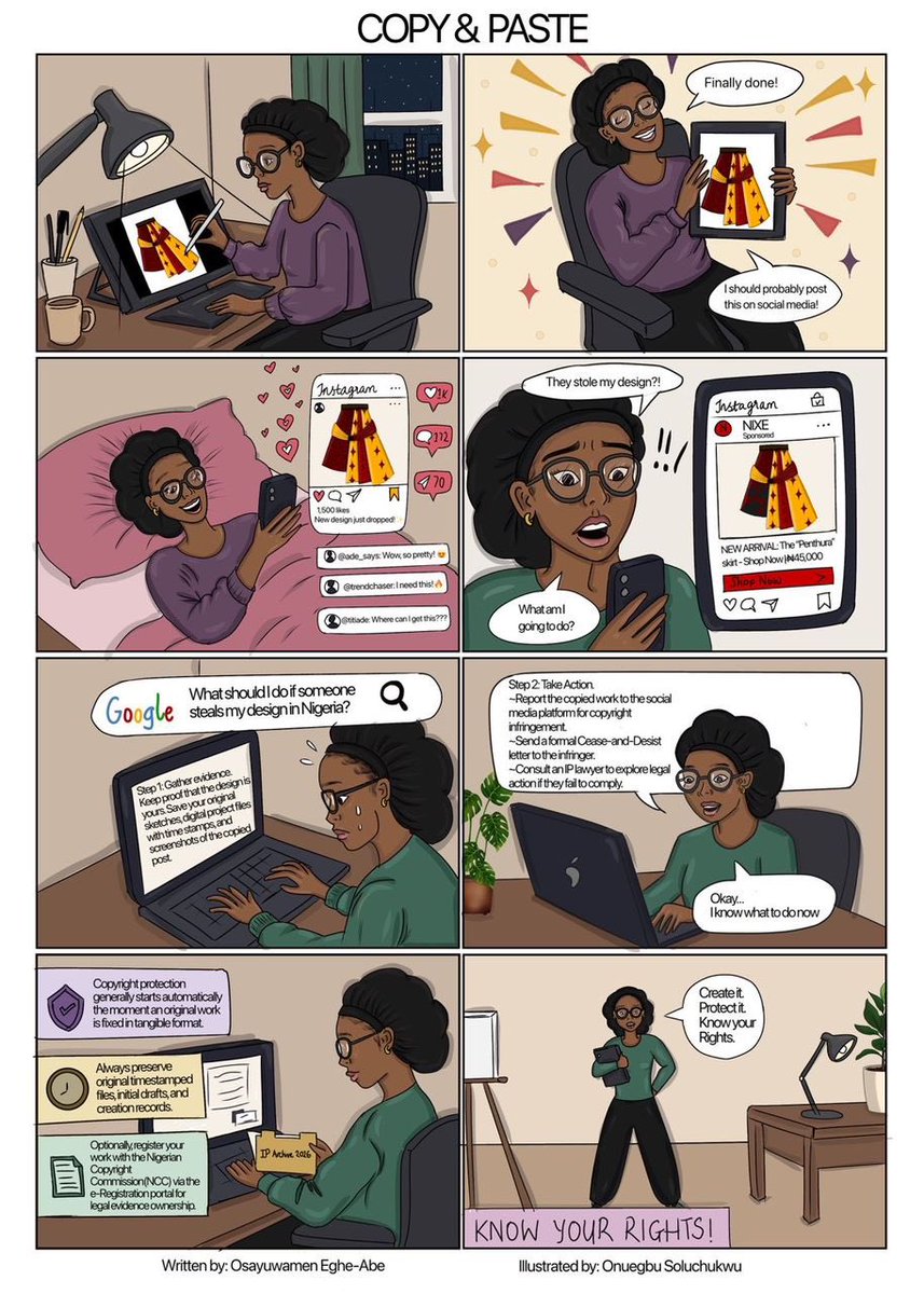 AbuadIPClub's tweet photo. What happens when your original design suddenly appears on someone else’s page? 👀
Our latest IP comic takes you through a fashion designer’s journey from creation to infringement, and the steps she can take to protect and enforce her rights. ⚖️ https://t.co/eN79LtpkNL