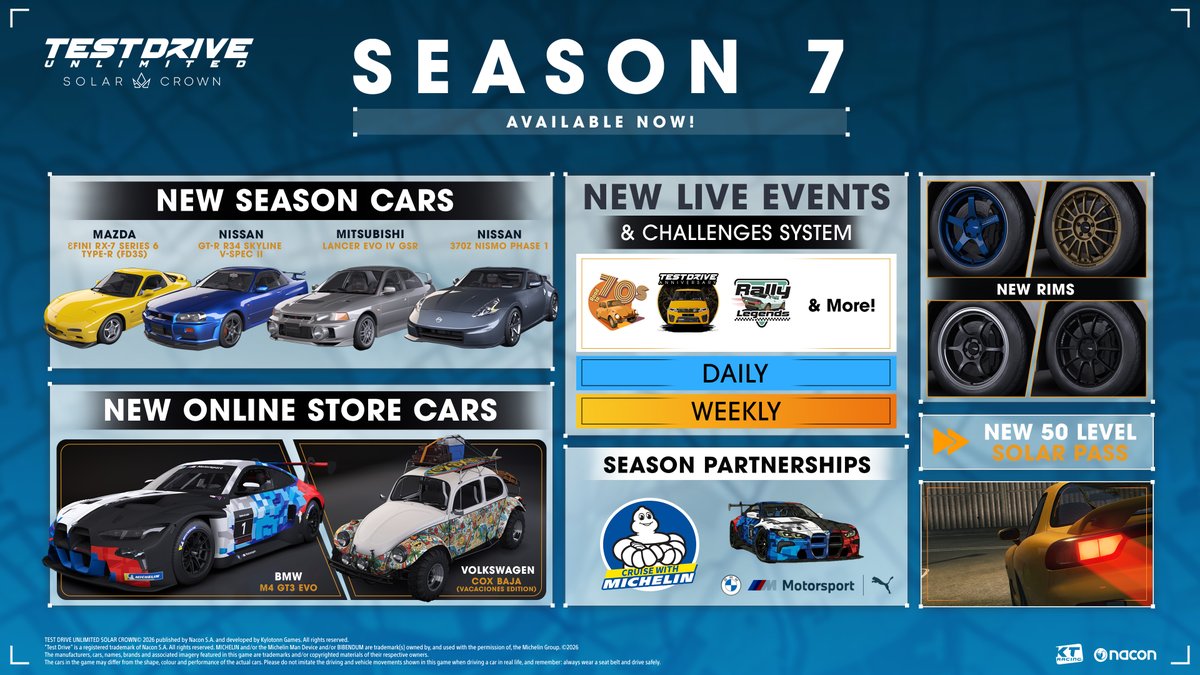 testdrive's tweet photo. 📢 SEASON 7 IS AVAILABLE NOW!

The maintenance has finished and you can now head to the dealership to drive the Mazda ɛ̃fini RX-7 Type R (FD3S) or try out the new BMW x PUMA live event!

We hope you enjoy! 🫶 https://t.co/2rBNVFV8eB