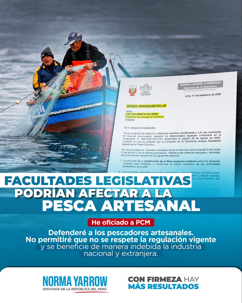 NormaYarrowL's tweet photo. ¿CASUALIDAD? ¿También quieren facultades sobre la pesca artesanal? ¿Van a beneficiarla o eliminarla? He oficiado a la PCM @pcmperu con urgencia. La pesca artesanal ya tiene una regulación vigente, una ley de mi autoría desde el 2023.  Desde mi despacho defenderemos a los pescadores artesanales y su fuente de trabajo. No permitiré que, bajo ningún pretexto, se use esta delegación para beneficiar de manera indebida a la industria nacional o extranjera. @MINPRODUCCION  
@canalN_ @Latina_Noticias @RPPNoticias @diputados_rp @PanoramaPTV @exitosape @Epicentro_TV