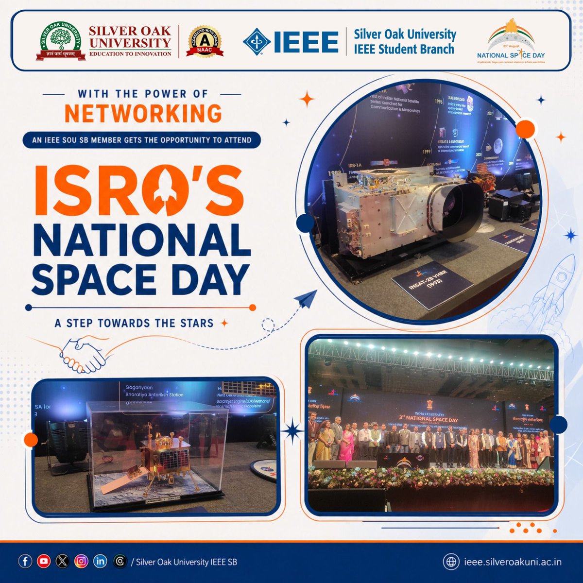 IEEE_SilverOak's tweet photo. Congratulations to Khushi Surti, 5th-sem CE-AIML student & Chairperson, #IEEESOUSIGHTSBG, on being selected to attend #ISRO’s #National #Space #Day event! A proud milestone for Khushi & #IEEESOUSB, showcasing how engagement & connections create opportunities. #ieee #sou https://t.co/d2R2kE7Trs
