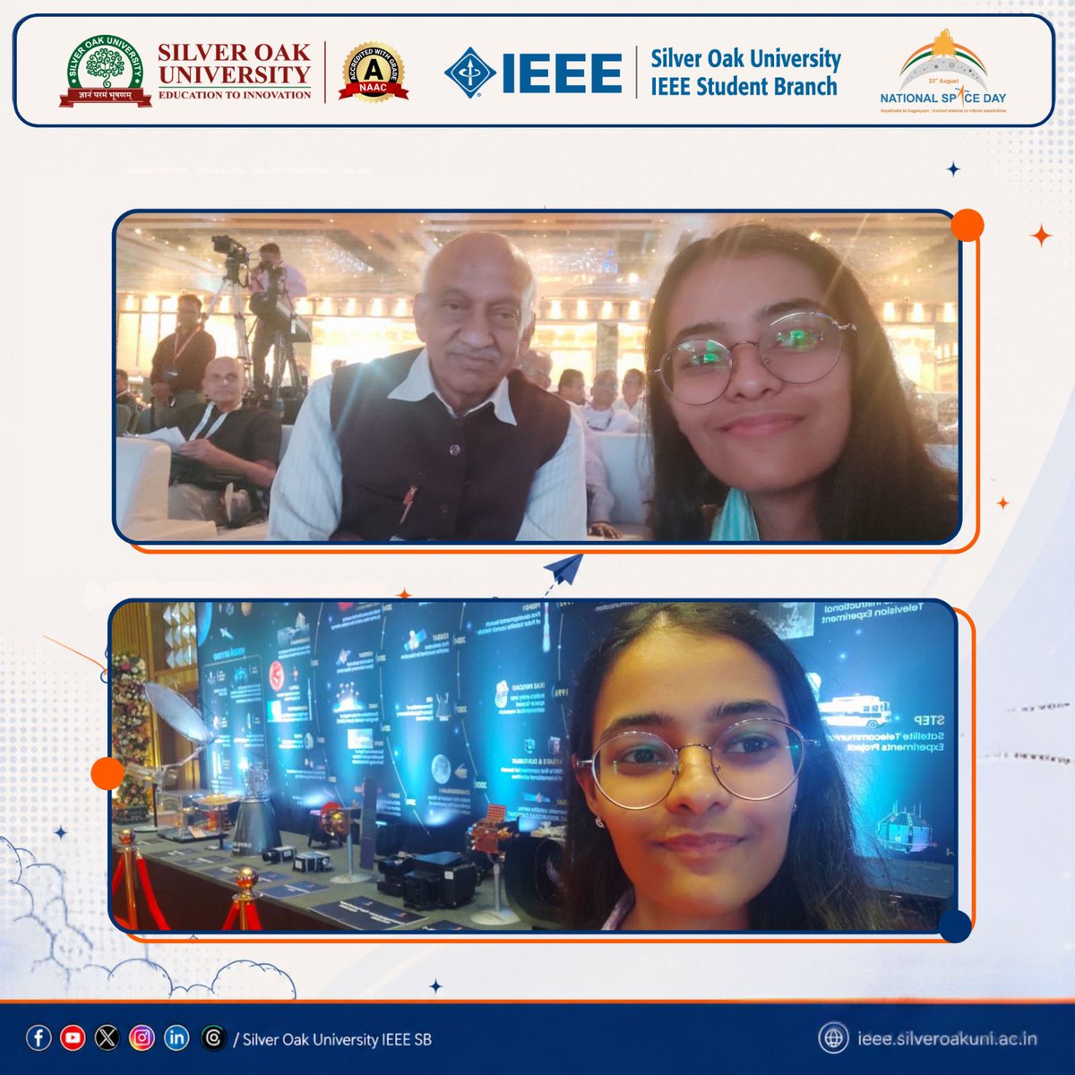 IEEE_SilverOak's tweet photo. Congratulations to Khushi Surti, 5th-sem CE-AIML student & Chairperson, #IEEESOUSIGHTSBG, on being selected to attend #ISRO’s #National #Space #Day event! A proud milestone for Khushi & #IEEESOUSB, showcasing how engagement & connections create opportunities. #ieee #sou https://t.co/d2R2kE7Trs