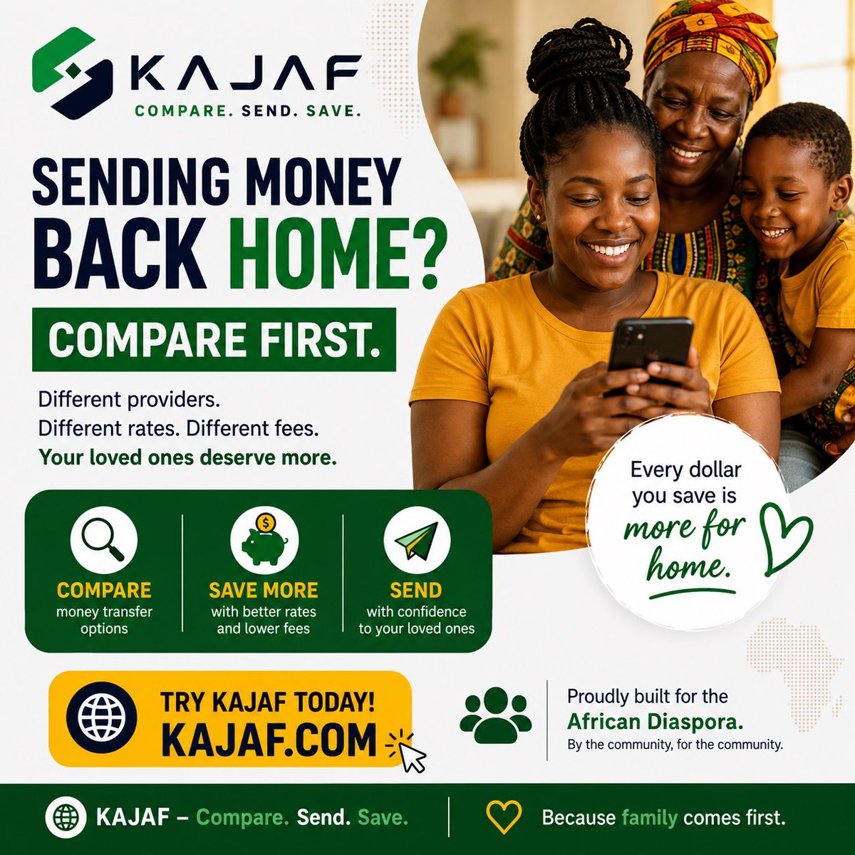 KajafApp's tweet photo. Sending money back home to family and friends?
Before you send, take a moment to compare. Different money transfer providers may offer different rates and fees.
KAJAF helps the African diaspora **compare money transfer options before choosing a provider.
Compare first. #africa https://t.co/BKFC5X54Nm