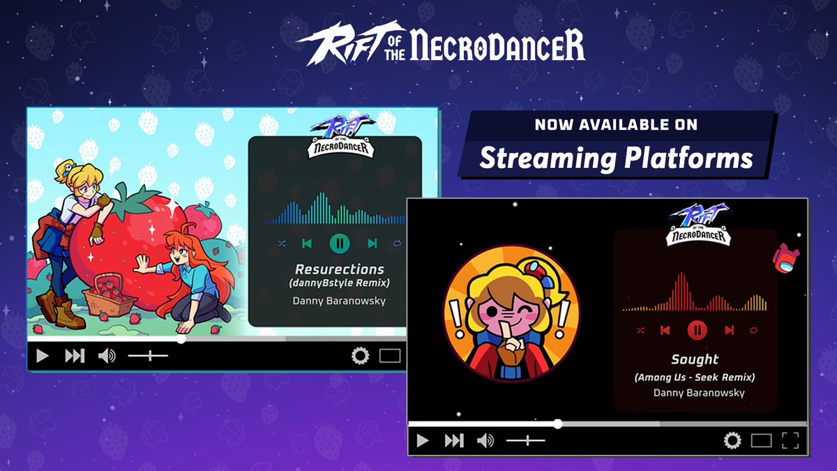 NecroDancerGame's tweet photo. Calling all Crewmates and Celeste fans 📣

Two remixed tracks by @dannyBstyle are now available for streaming: 

🤫 Sought (Among Us): https://t.co/e41Tcd3WU1
🍓 Resurrections (Celeste): https://t.co/0Ae61aKH6L https://t.co/B0uQER9Nou