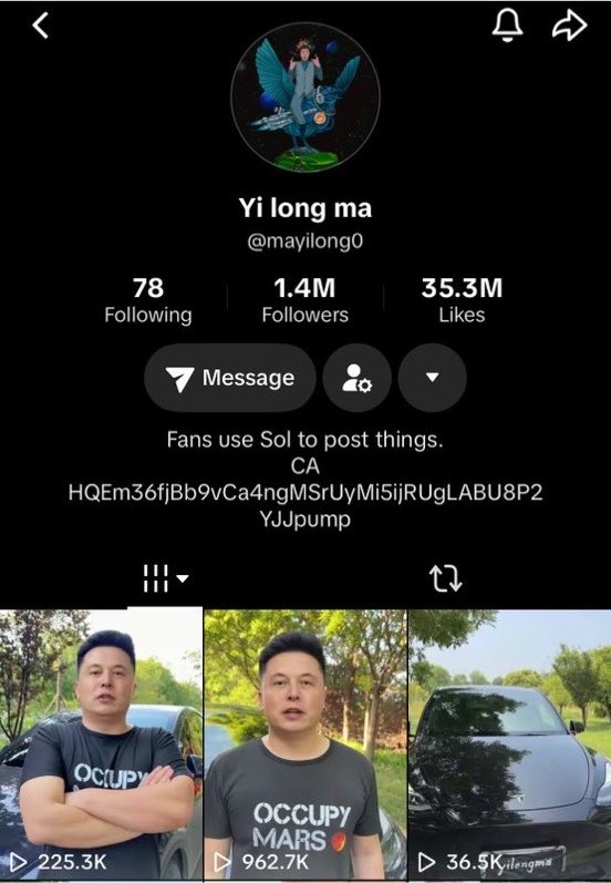 MastersETH61033's tweet photo. Grabbed a bag of $ELONE at 7K 

Don’t miss this opportunity 

YiLong Ma is Elon’s doppelgänger with millions of followers on social media 

HQEm36fjBb9vCa4ngMSrUyMi5ijRUgLABU8P2YJJpump https://t.co/CRJYNuxOOQ