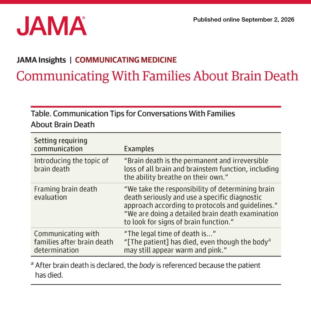 JAMA_current's tweet photo. #BrainDeath, or death as determined by neurologic criteria, can be difficult for families to understand because patients may still have a pulse, warm skin, chest rise with mechanical ventilation, or reflexive movements. 

💡 This JAMA Insights article discusses how simple, direct, and precise language may help clinicians communicate that brain death is legal death and reduce confusion during evaluation and determination.

🔗 https://t.co/bbrewxFjpw