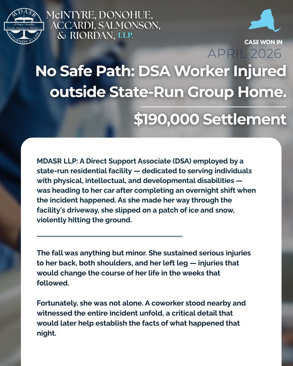 MDASRlaw's tweet photo. A DSA worker slipped on ice outside a state-run group home, suffering serious injuries. Despite insurers blaming old injuries, MDASR secured a $190K settlement + lifetime medical care. We fight for your rights! Call 866-557-7500.

#WorkersComp #LegalVictory #NYLaw #WorkInjury #NY https://t.co/VUv2M9nOde