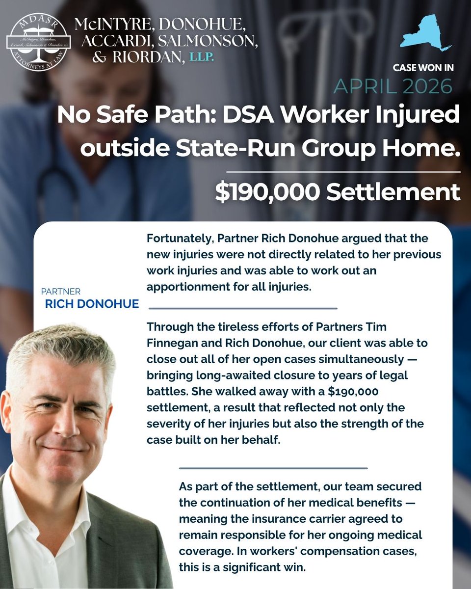 MDASRlaw's tweet photo. A DSA worker slipped on ice outside a state-run group home, suffering serious injuries. Despite insurers blaming old injuries, MDASR secured a $190K settlement + lifetime medical care. We fight for your rights! Call 866-557-7500.

#WorkersComp #LegalVictory #NYLaw #WorkInjury #NY https://t.co/VUv2M9nOde