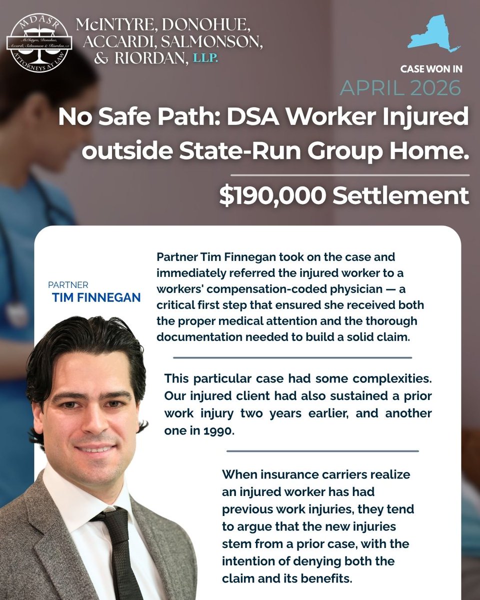 MDASRlaw's tweet photo. A DSA worker slipped on ice outside a state-run group home, suffering serious injuries. Despite insurers blaming old injuries, MDASR secured a $190K settlement + lifetime medical care. We fight for your rights! Call 866-557-7500.

#WorkersComp #LegalVictory #NYLaw #WorkInjury #NY https://t.co/VUv2M9nOde
