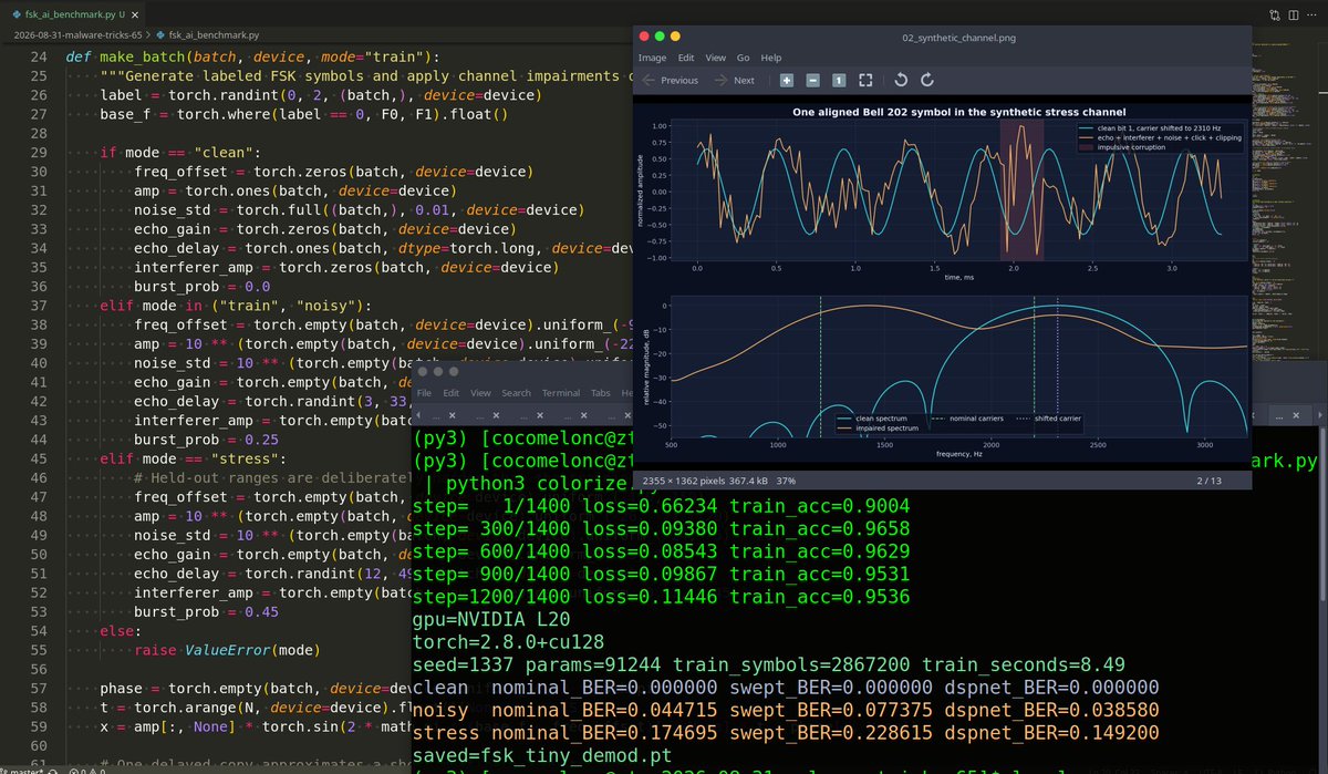 cocomelonckz's tweet photo. https://t.co/J6gsPSgP1G next one. can a tiny #neural #network make the #FSK decision more robust without throwing away the #DSP knowledge we already have?
https://t.co/o3XukzaI6O
#malware #signalprocessing #hacking #research #malwaredevelopment #programming #ai #ML #redteam https://t.co/AZoXzWSa1Y