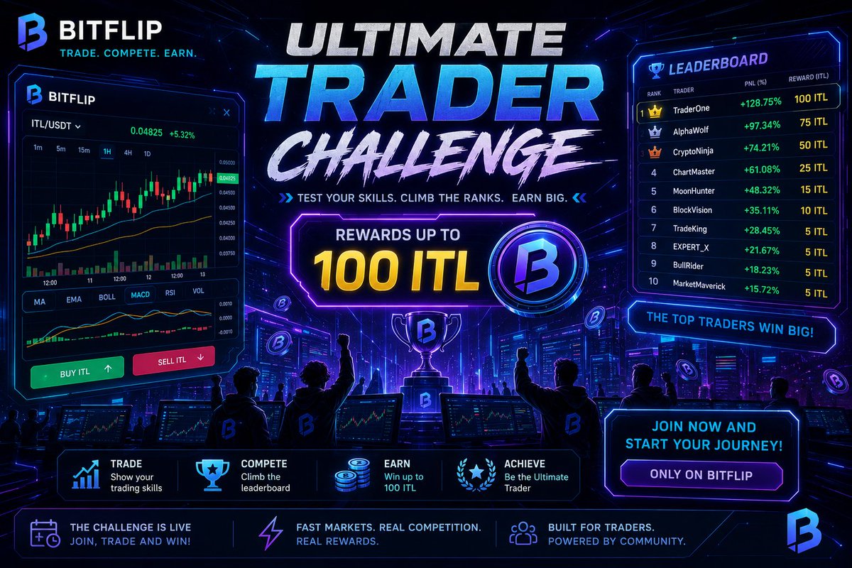 Rajuv4a's tweet photo. Create a high-energy Web3 trading challenge poster for Bitflip. Show a futuristic crypto trading interface with candlestick charts, trading indicators, leaderboard elements, and competitive trader silhouettes.
#InterLink #ITLG #ITLX https://t.co/kposWqVlt7