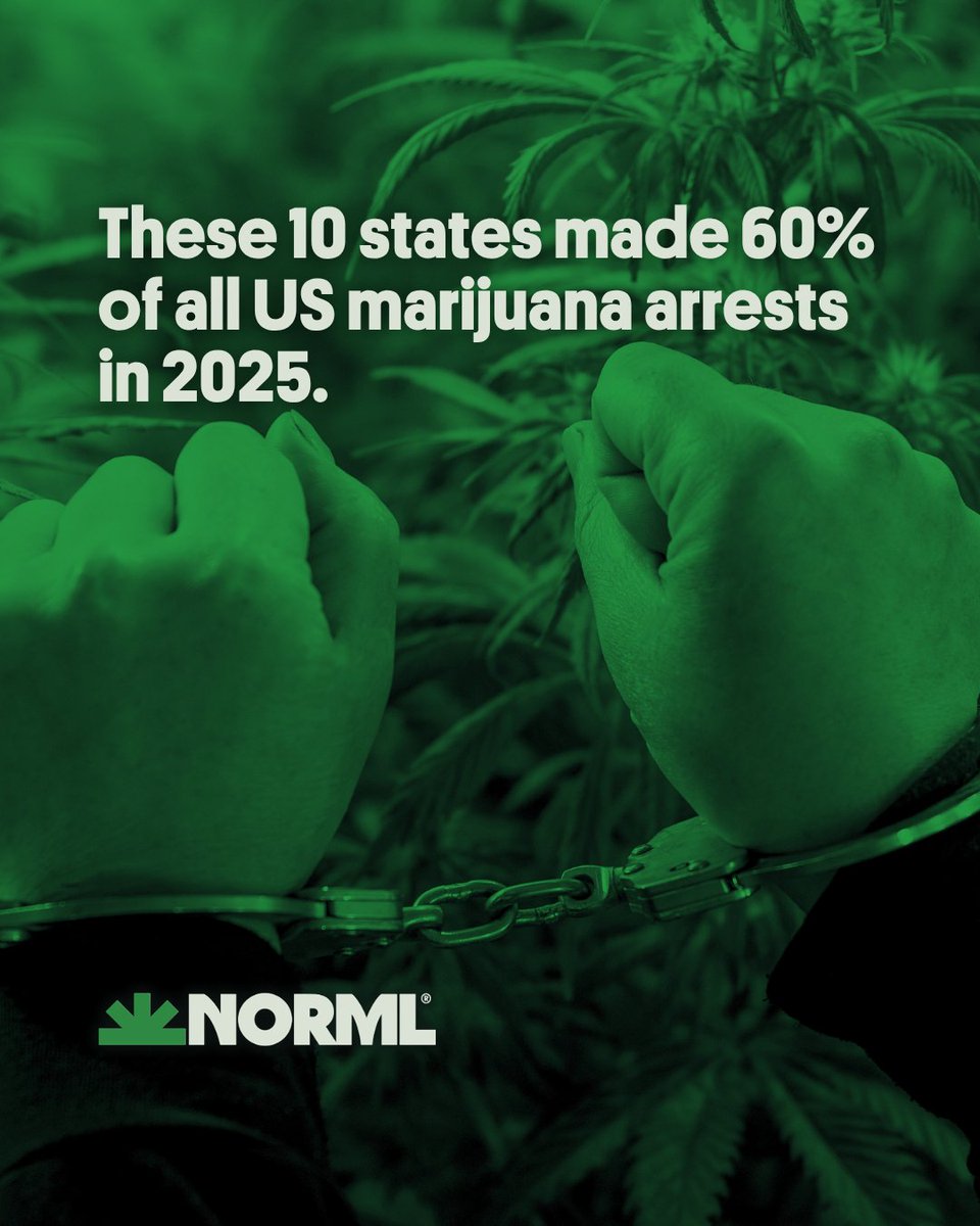 NORML's tweet photo. 🚓💨 The threat of arrest just for having weed still depends heavily on where you live.

Marijuana arrests have largely held steady or increased where cannabis remains illegal, while declining sharply in the 24 states that have legalized. How does your state measure up?

🔗 Link to full story in first comment.