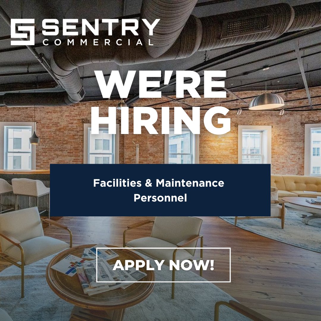 Sentry_Comm's tweet photo. Sentry Commercial Property Management is looking for a Facilities &amp; Maintenance Personnel team member to support our commercial property portfolio.

If you're hands-on, proactive, and take pride in solving problems, we'd love to hear from you.

#NowHiring #MaintenanceJobs https://t.co/dDaXrkYihq