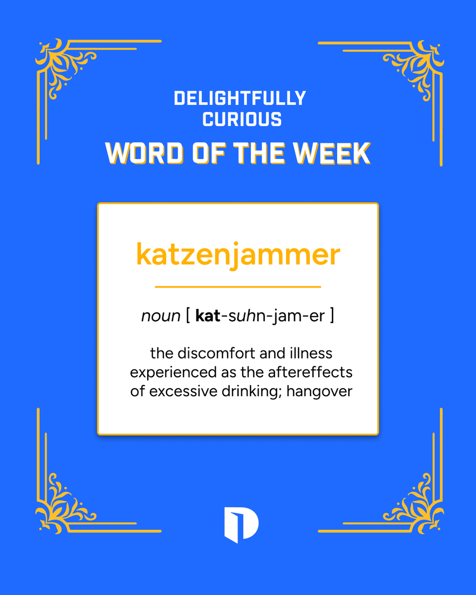 Dictionarycom's tweet photo. Borrowed from German, this word roughly translates to “wailing of cats”—a fitting description for a particularly miserable hangover. 🐈

What’s your favorite wonderfully dramatic word for feeling awful?

#DelightfullyCuriousWords #WordOfTheWeek #LearnNewWords #LanguageLovers #LearnEnglish