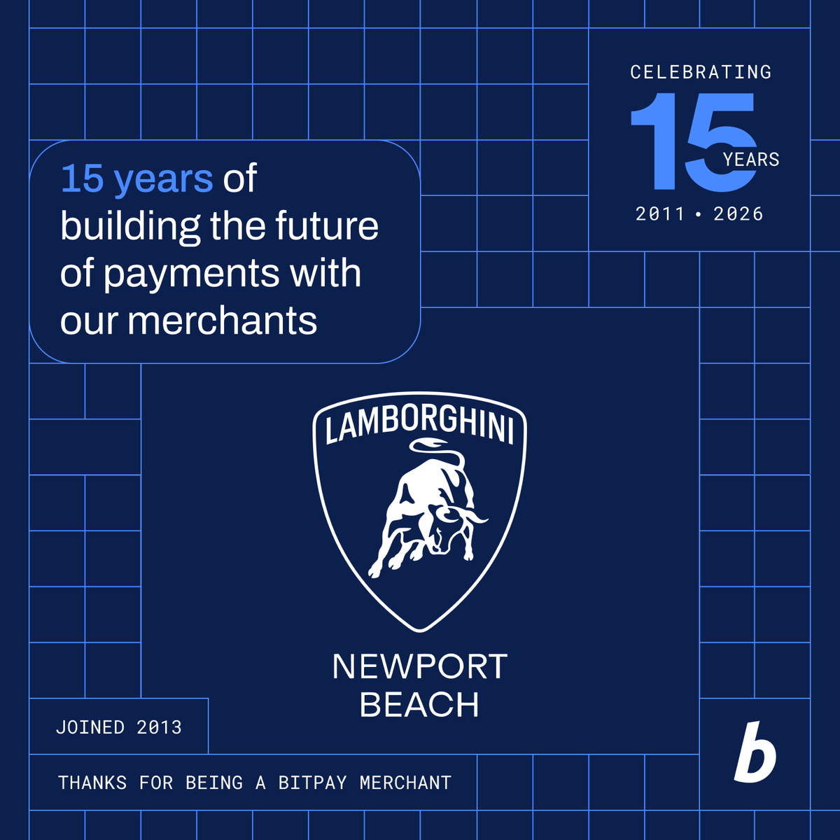 BitPay's tweet photo. Lamborghini of Newport Beach has accepted crypto with BitPay since 2013. Here’s to 13 years of making lambo dreams a reality. https://t.co/9Qh0xsd7Ea